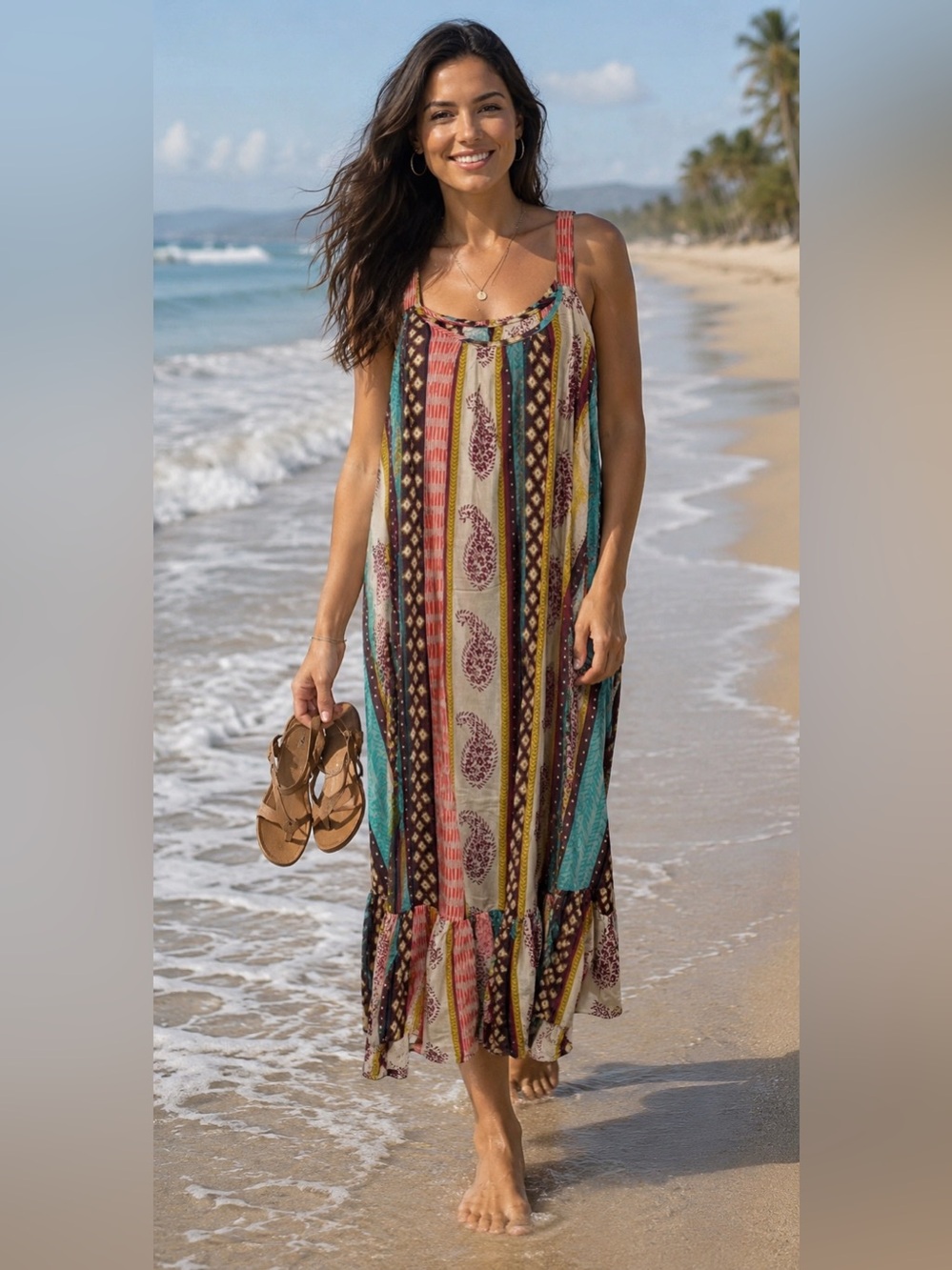 H094 NWT Rhea Costa S/M ptp 19 Multicolor Striped Paisley Maxi Dress